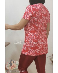 Kırmızı Beyaz Sarmaşık Desenli V Yaka Kısa Kollu Uzun Boy Emzirme Kıyafeti